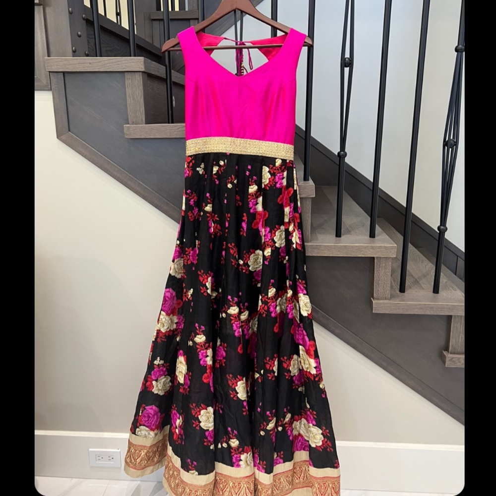 Elegant Floral Anarkali – Hot Pink & Black with Gold Detailing